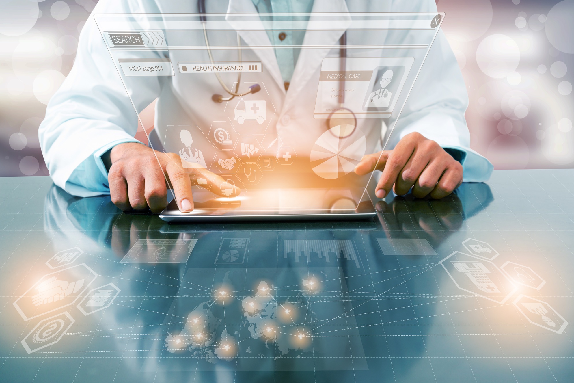 Health Insurance Concept - Doctor in hospital with health insurance related icon graphic interface showing healthcare people, money planning, risk management, medical treatment and coverage benefit. kaufmann